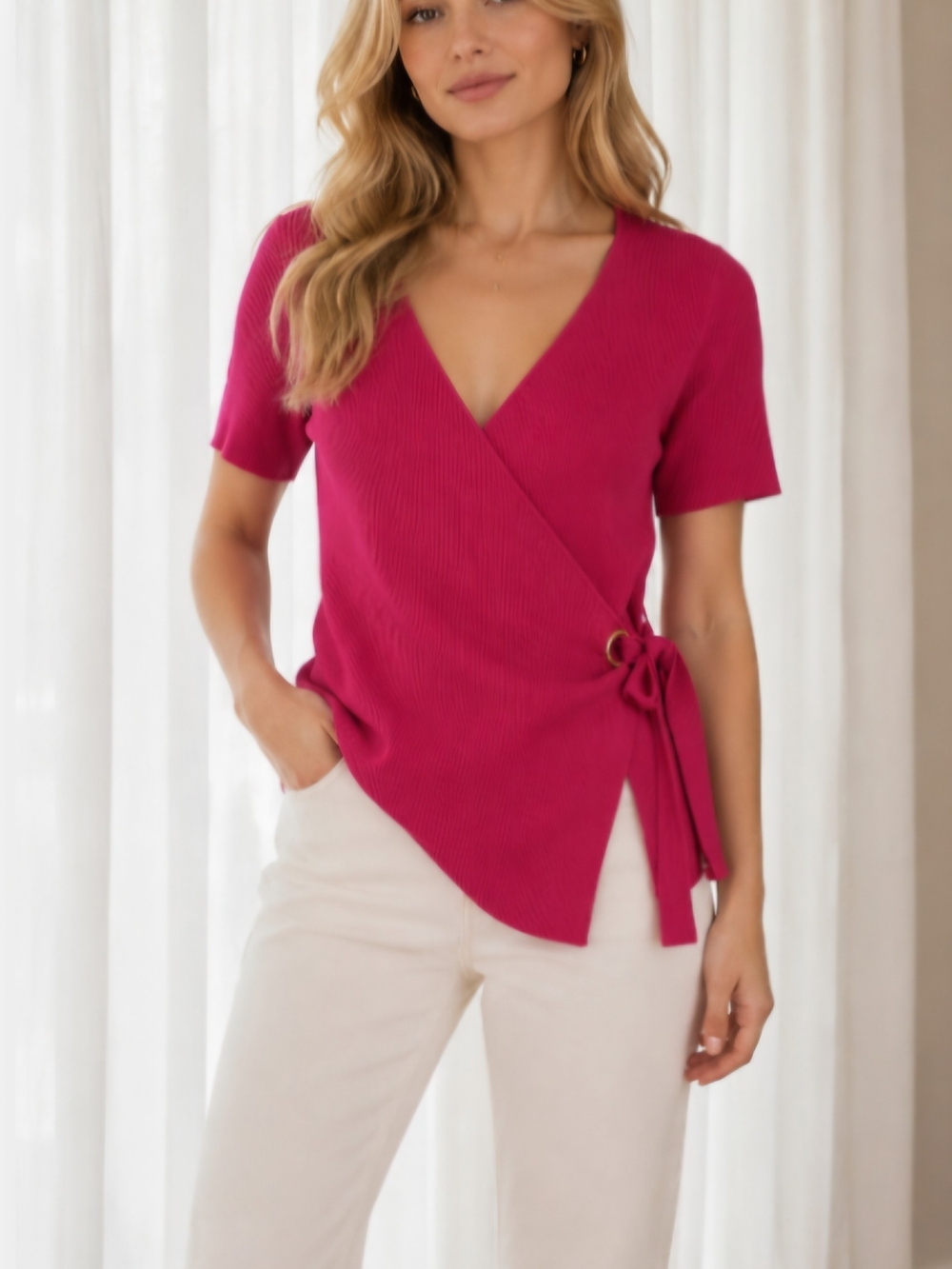 Select & Trend Wrap-Front Short Sleeve Sweater in Hot Pink